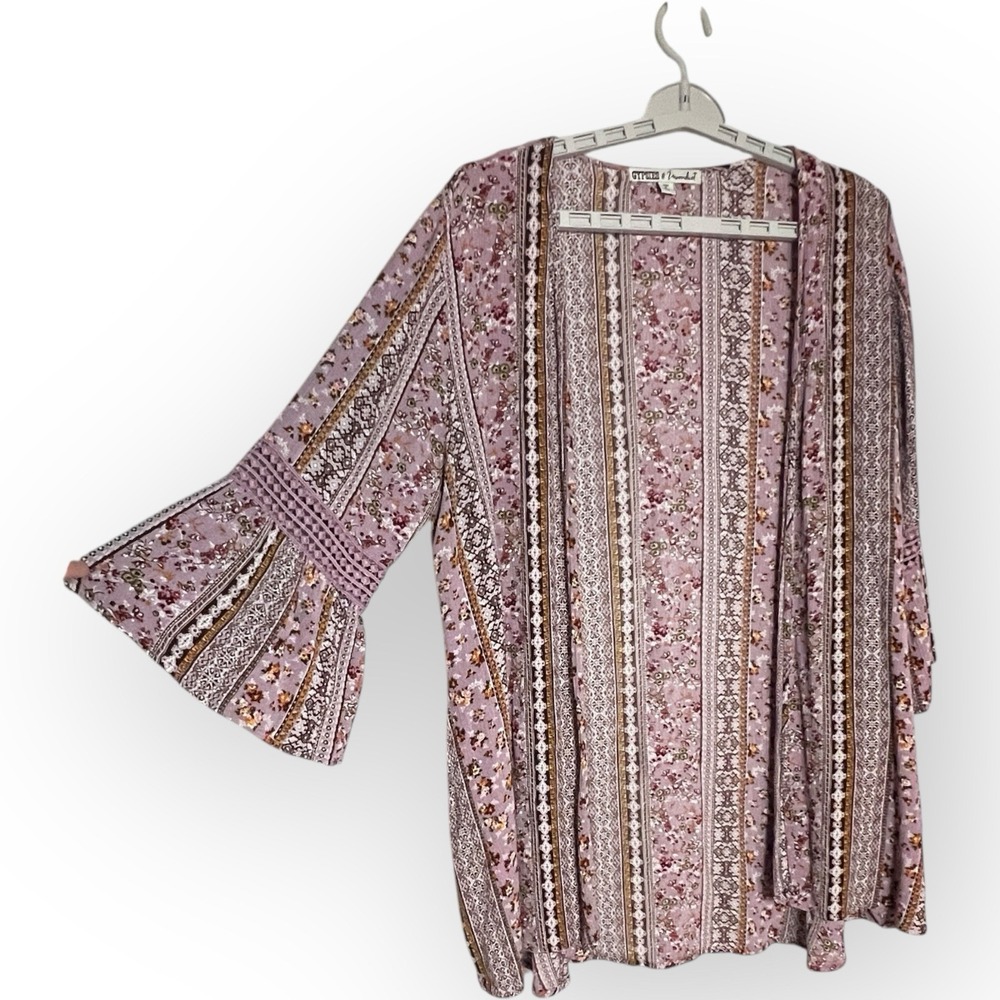 Gypsies & Moondust Ditsy Floral Kimono Duster Crochet Cardigan‎ Pink Women's XL